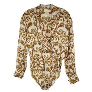 ESCADA Vintage Silk Leaf Scroll Bodysuit Shaw Surplice Neckline Womens 34 US 4